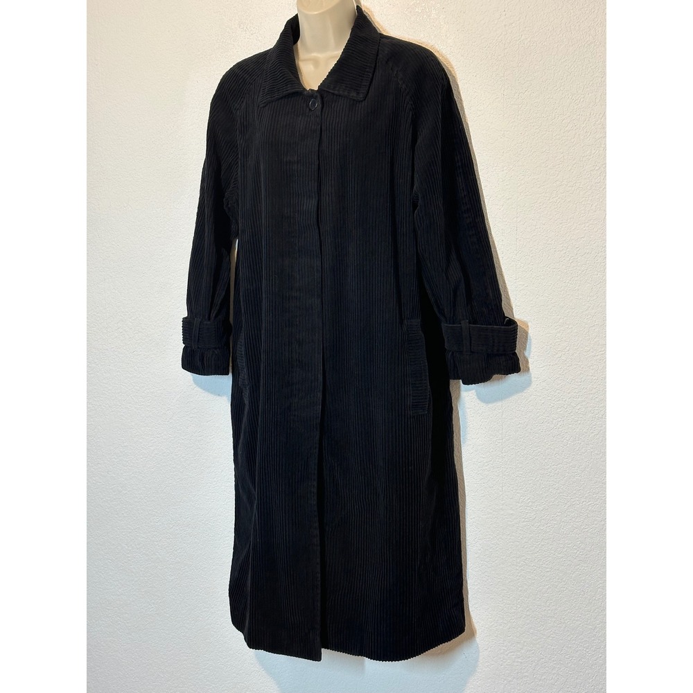 Newport News Black Corduroy Long Trench Coat Womens 11/12P Button Front Lined